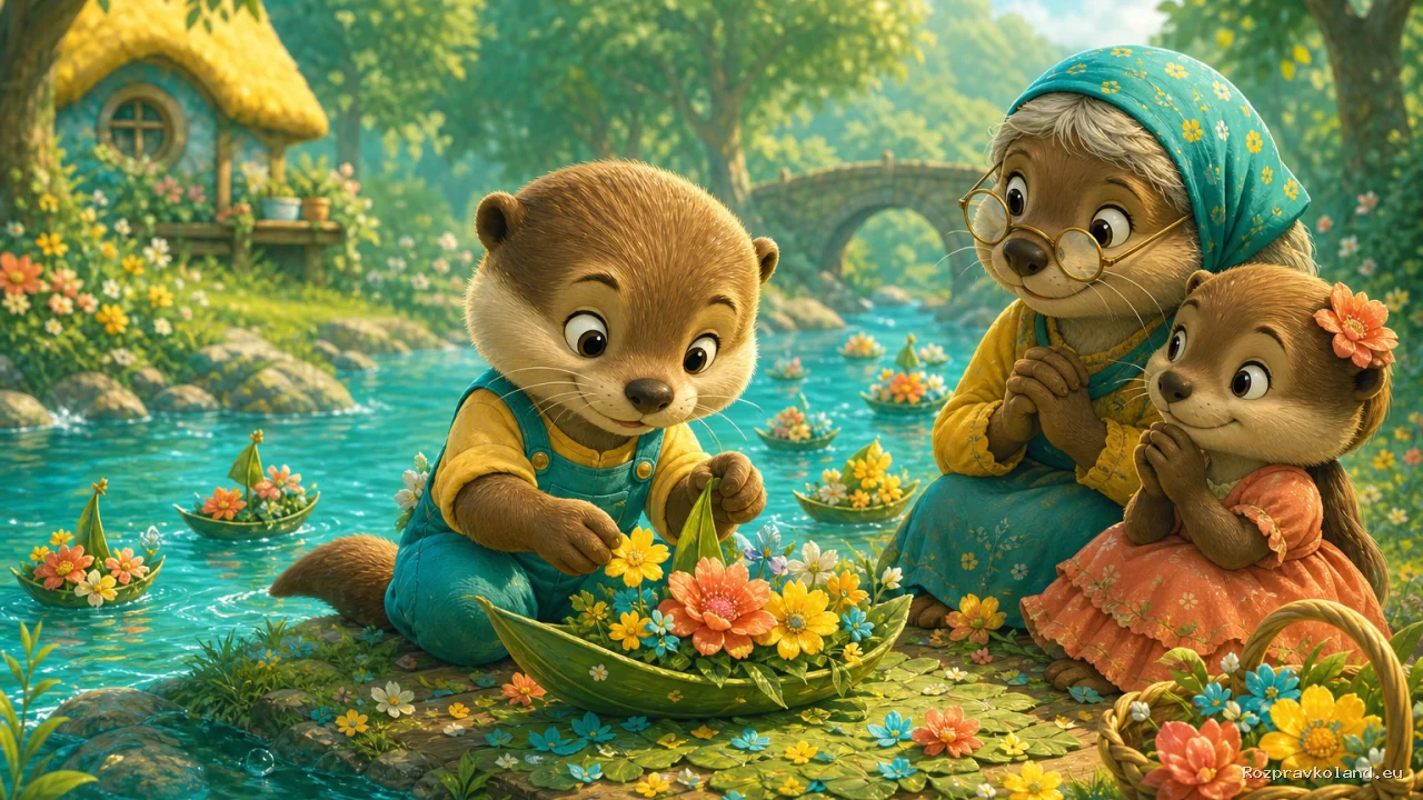 Ilustrácia k rozprávke Ako Oto Vydra staval kvetinový člnoch – scéna z príbehu