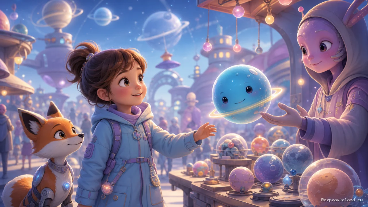 Ilustrácia k rozprávke Eliška a trhovisko malých planét – scéna z príbehu
