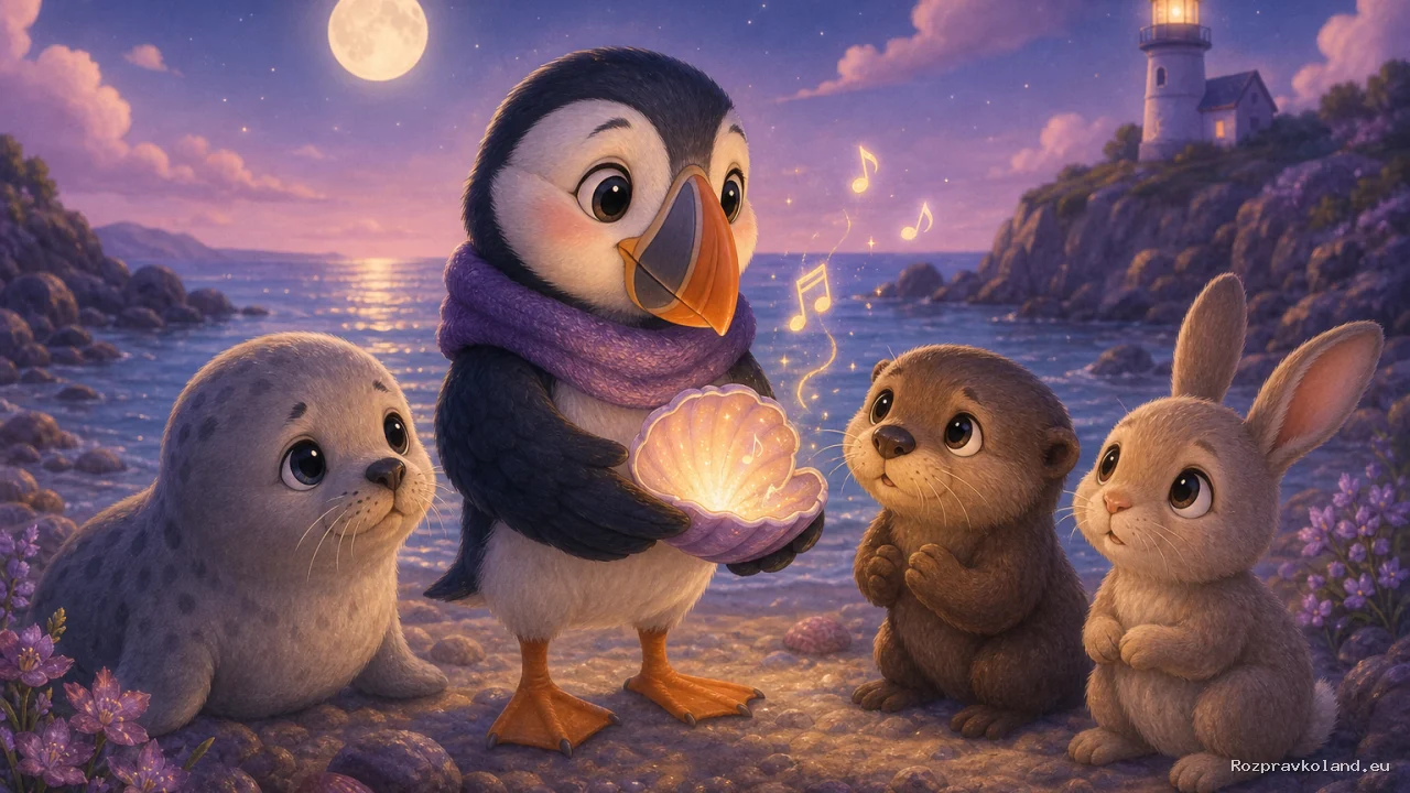 Ilustrácia k rozprávke Pufko a mušlička plná zvukov – scéna z príbehu
