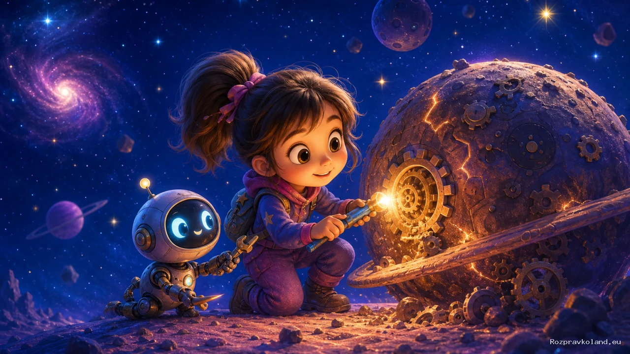 Ilustrácia k rozprávke Tinka a maličký strojček, čo opravoval planéty – scéna z príbehu